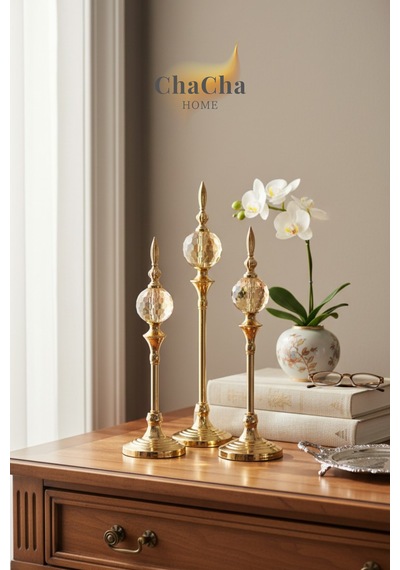 3'lü Gold Kristal Dekoratif Salon Konsol Masa Dekoru Lüks Ev Dekorasyon Aksesuarı 40-35-30 Cm Ball