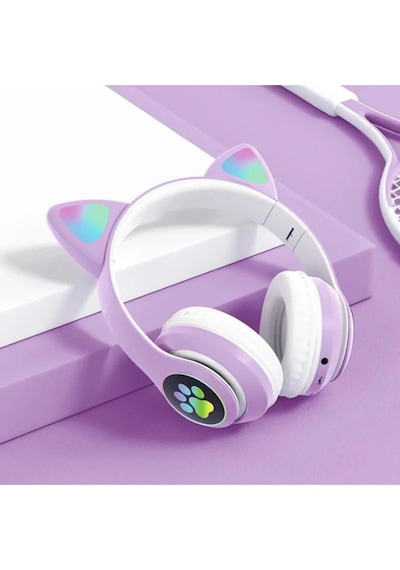 Kedi Kulağı Detaylı Kablosuz Rengarenk Işıklı Bluetooth Rgb Çocuk Oyuncu Kulaklık Üstün Performans