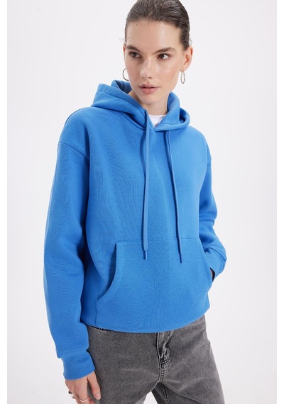 Tudors Kadın Oversize Geniş Kesim Pamuklu Yumuşak Dokulu İçi Polarlı Basic Mavi Kapüşonlu Sweatshirt-37901 Mavi