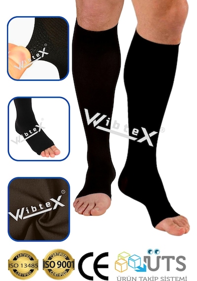 Wibtex Unisex Çift Diz Altı Varis Çorabı Siyah CCL2 5 Açık Diz Altı