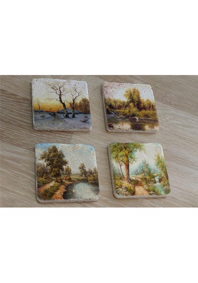 Doğa Manzarası Doğal Taş Bardak Altlığı 4'lü Set - Natural Stone Coasters - Taş Çok Renkli