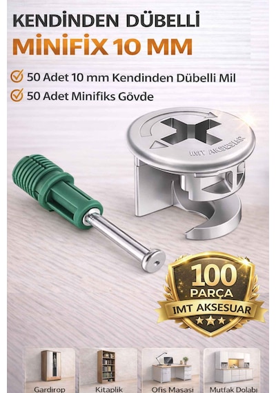 İmt Aksesuar 10 Mm Kendinden Dübelli Minifix Gövde Ve Mil Seti - Mobilya Bağlantı Elemanı 100 Parça Metalik