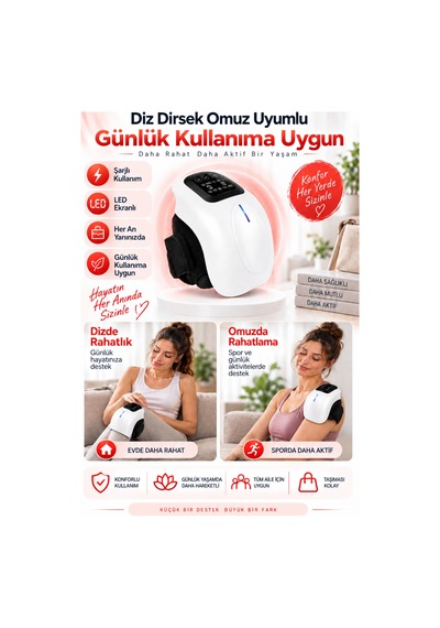Şarjlı Isıtmalı Titreşimli Kırmızı Işıklı Led Ekranlı Diz Dirsek Omuz Uyumlu Masaj Aleti Beyaz