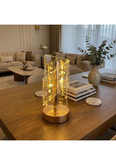 Çapraz Kavisli Kristal Altın Toz Model Led Masa Lambası Gold Gövdeli, Dokunmatik, 3 Kademe Işık Ayarlı Şarjl Belirtilmemis