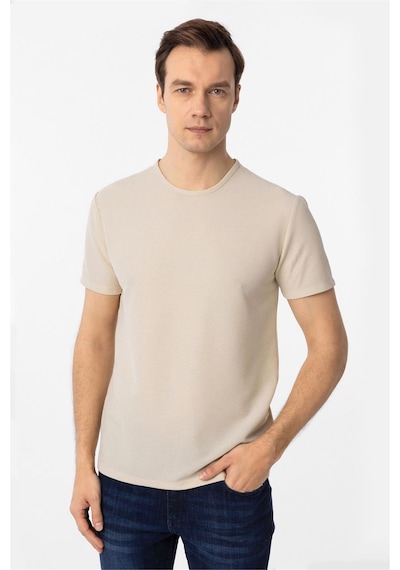 Süvari Bej Slim Fit Armürlü Bisiklet Yaka Tişört-37337 Bej