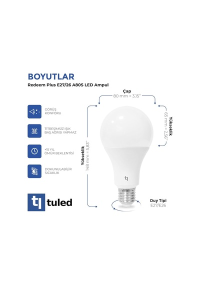 Redeem Plus A80s E27 Led Ampul, Titreşimsiz, Göz Konforu, 1607 Lümen, Doğal Beyaz, 4000 Kelvin Diğer