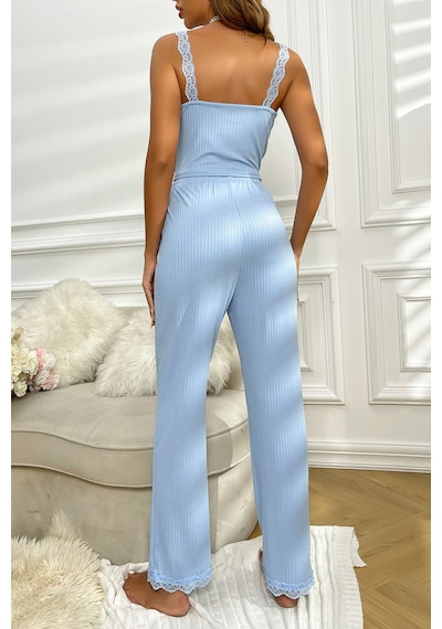 Merry See Dantel Askılı Ribanalı Crop Ve Uzun Dantel Paça Pijama Takımı Mavi