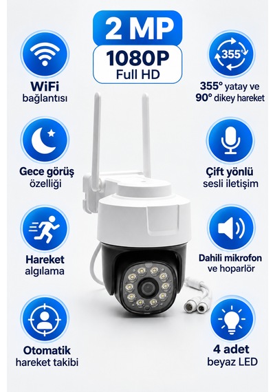 Ptz-26 Wifi Akıllı Güvenlik Kamerası 2mp 1080p Full Hd 355 Döner Hareket Takipli Gece Görüşlü Çift Yönlü Ses