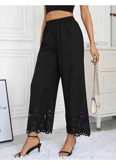 Efnaz Style Kadın Yüksel Bel Beli Lastıklı Çiçek Desenli Lazer Kesım Detaylı Ithal Krep Pantolon siyah