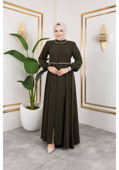 Nevayla Moda Yaka Ve Bel Nakış Detaylı Ferace - Haki / F0143 Haki