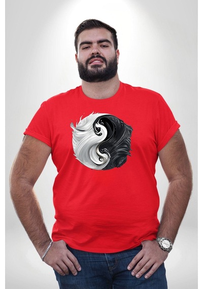 Angemiel Kırmızı Beyaz Ying Yang Kırmızı Büyük Beden Erkek Kadın Unisex Basic Ön Baskılı Tişört Kırmızı