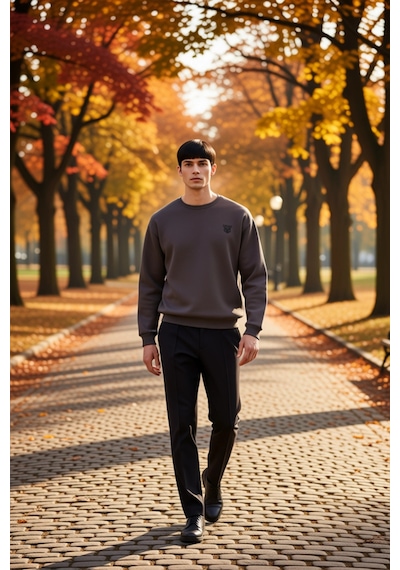 Benerly Erkek Bisiklet Yaka Düşük Kol Oversize Kalın Nakışlı Sweatshirt F Antrasit