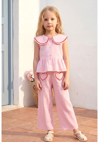 Magu Kız Çocuk Pamuklu Pembe Bebe Yaka Kalp Cep Detaylı Bluz Pantolon Takım