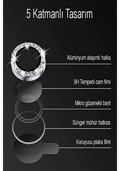 Taşlı Tasarım Temperli Cam Kamera Lens Koruyucu - Gümüş