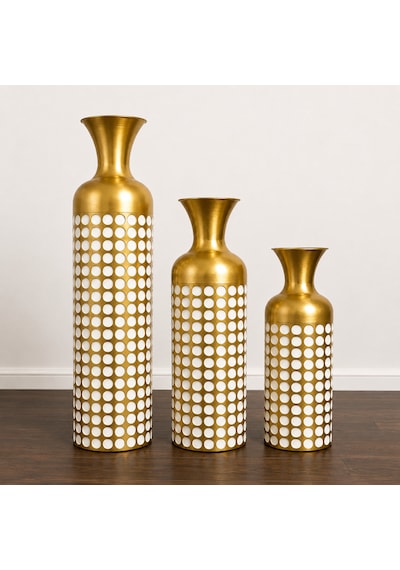 Seramik Görünümlü Metal Dekoratif Yer Vazosu Gold Beyaz Puantiyeli Modern Salon Vazosu Beyaz - Gold