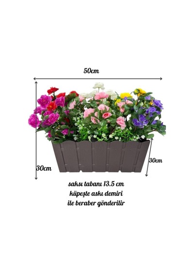 Yapay Çiçek Kahverengi Balkon Saksıda Küpeşte Askılı Açelya Çiçeği Karışık Renkli Çiçek Sepeti 50cm