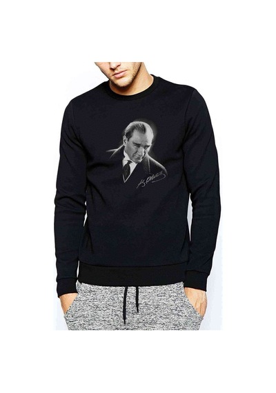 Atatürk Portre Baskılı Siyah Erkek Örme Sweatshirt
