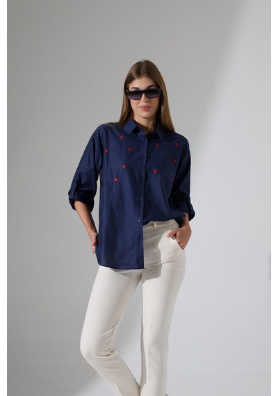 Corradeo Giyim Yeni Sezon Oversize Çizgili Poplin Kumaş Kalp Nakış Detaylı Apoletli Tasarım Gömlek Lacivert