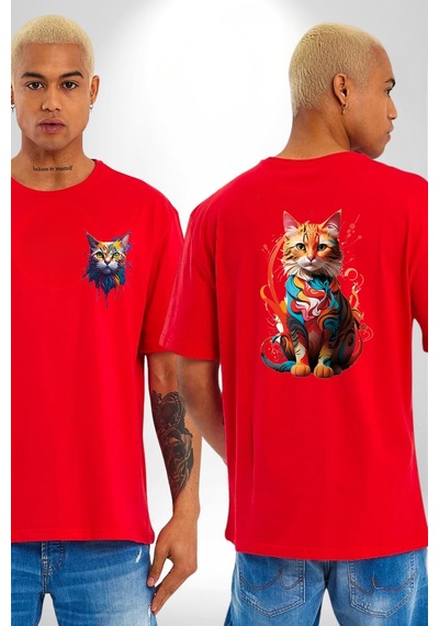 Renkli Yağlı Boya Kedi Kırmızı Oversize Unisex Ön Ve Sırt Baskılı Tişört Kırmızı