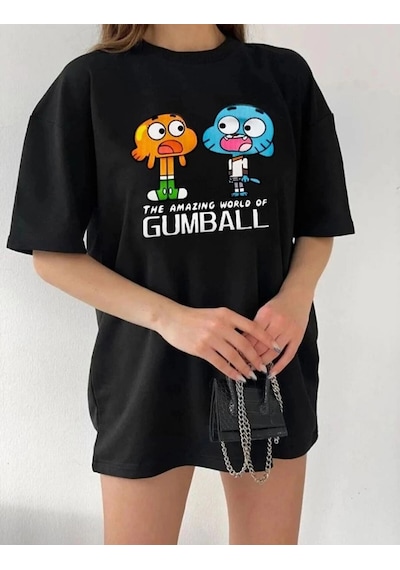 Freedom Storee Kadın Kısa Kol Tişört Bisiklet Yaka Baskılı Oversize T-shirt - Siyah Çok Renkli
