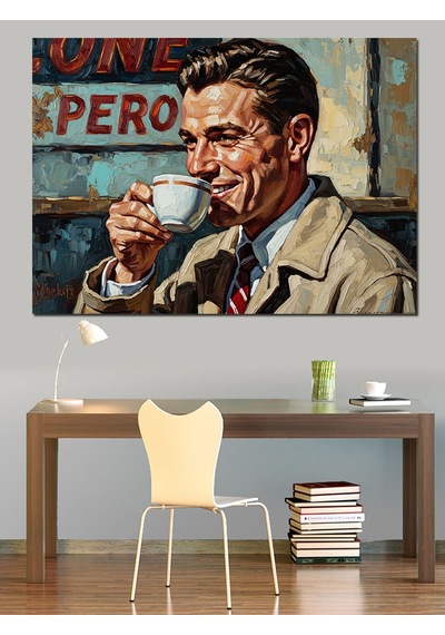 Kahve İçen Vintage Tarzlı Adam Dekoratif Kanvas - Mdf Ahşap Tablo