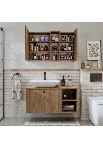 Lotus Ayaksız Lavabolu Mdf 95 Cm Çekmeceli Oval Lavabolu Banyo At Atlantik Çam
