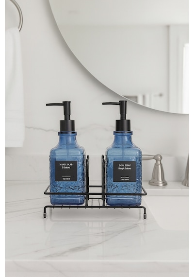 Makri Home Modern Cam Sıvı Sabunluk & Deterjanlık Seti-500 Ml Cam Sabunluk, Metal Stand'lı Siyah