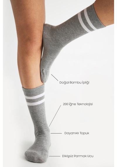 Bamboo Star Bambu Tenis Çizgili Premium Kolej Çorabı Unisex Gri Dikişsiz Soket Çorap 3'lü Paket