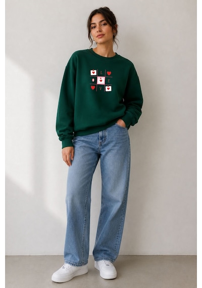 Herkesemoda Kalp Baskı Detaylı Şardonlu 2 İplik Bisiklet Yaka Sweatshirt Yeşil