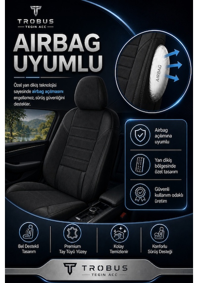 Nova Serisi Tay Tüyü Bel Destekli Siyah Premium Üniversal Koltuk Kılıfı Tam Set