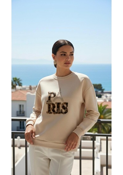 Taş Detaylı Eyfel Paris Yazılı Oversize Sweatshirt Ekru Ekru