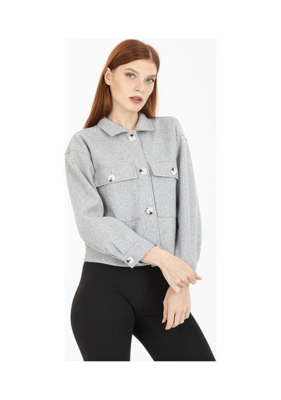 Pera Moda Çift Cepli Crop Ceket Gri