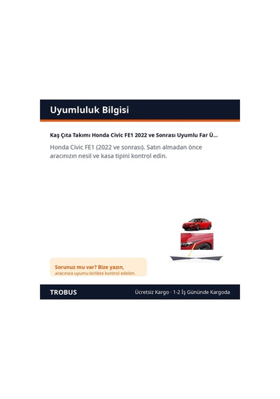 Trobus Kaş Çıta Takımı Honda Civic Fe1 2022 Ve Sonrası Uyumlu Far Üstü Piyano Black 2 Parça