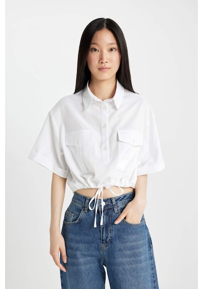 DeFacto Cropped Fit Gömlek Yaka Keten Karışımlı Kısa Kollu Bluz C6812AX24SMWT34