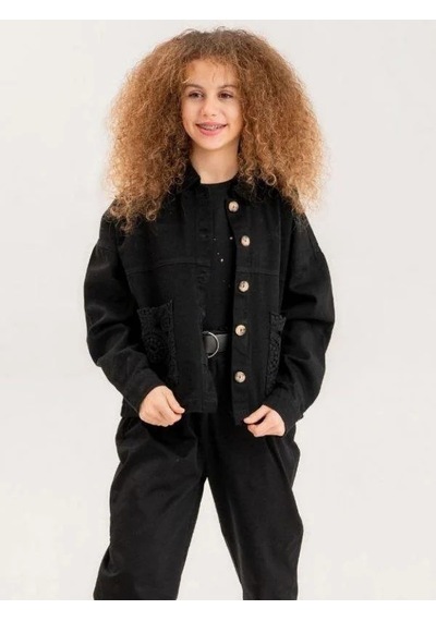 Zekids Kız Çocuk Brode Cep Gabardin Ceket-13903 Siyah