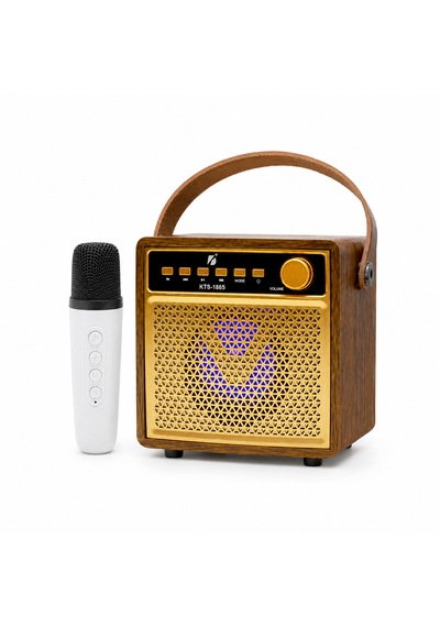 Kts-1865 3 Ahşap Hoparlör Kablosuz Mikrofonlu Taşınabilir Karaoke Sistemi Party Box Eğlence Paketi