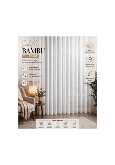 Ütü İstemez Sedefli Lüx Bambu Model Tül Perde 1/2 Seyrek Pileli Özel Ölçü Şık-tasarım Ekru Ekru