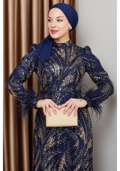 Olcay Kolu Tüy Detaylı Boncuk Ve Pul İşlemeli Exclusive Tesettür Abiye Elbise Lacivert 1000-m Olcay Kolu Tüy Detaylı Boncuk Ve Pul İşlemeli Exclusive Tesettür Abiye Elbise Lacivert 1000-m