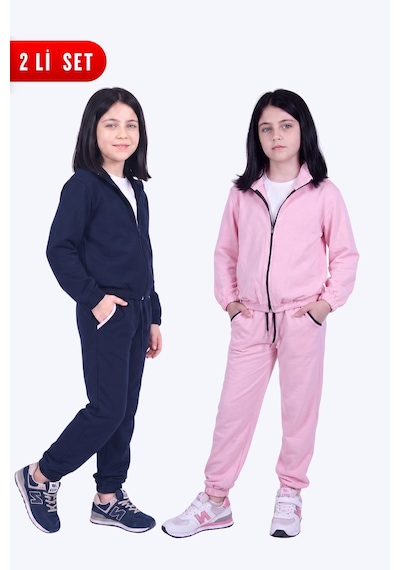 Fyk Kids Kız Çocuk 2'li Dik Yaka Fermuarlı Beli Bağcıklı Lastik Paça Eşofman Takımı Lacivert-pembe Fyk Kids Kız Çocuk 2'li Dik Yaka Fermuarlı Beli Bağcıklı Lastik Paça Eşofman Takımı Lacivert-pembe
