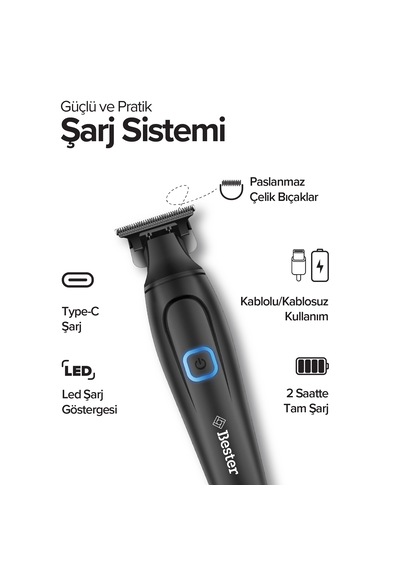 Bester Zc4230 Profesyonel Sakal Ense Şarjlı Tıraş Makinesi - 180 Dk Kullanım, Type-c Hızlı Şarj, Hassas Kesim 2 Saat