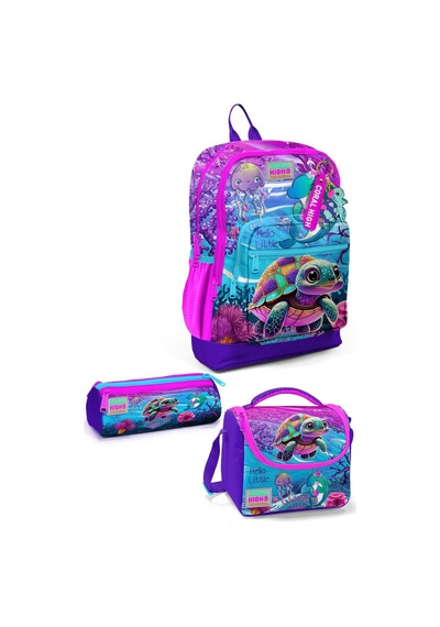 Coral High Kids Pembe Mor Kaplumbağa Desenli 3 Lü Okul Çanta Seti Set0123756
