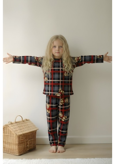 Esila Kids Kız Çocuk Pijama Takımı Uzun Kollu Ayıcık Desenli Bordo