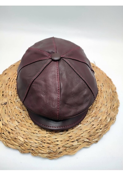 Deri Şapka Unisex Bordo Renk Siyah