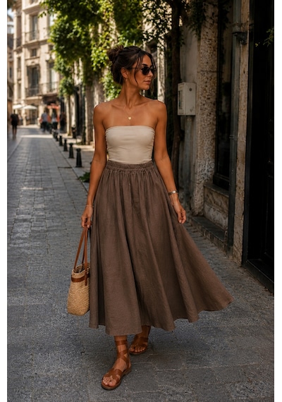 Eren Style İtalyan Beli Lastikli Kloş Etek Kahverengi