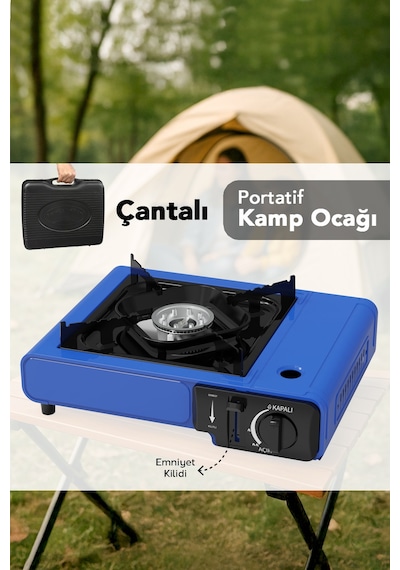 Portatif Kamp Ocağı - Taşıma Çantalı Gazlı Stop Emniyetli Ocak 34x28x11 Cm Mavi Mavi