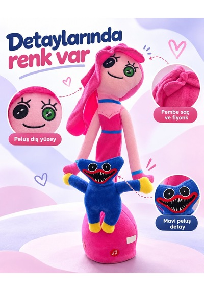 Misan Oyuncak Pembe Peluş Bebek 33 Cm Mavi Canavar Figürlü, Düğme Gözlü Tasarım