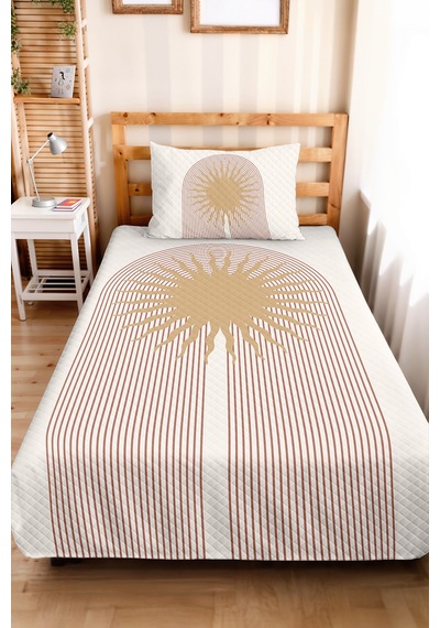 Güneş Bohem Bej Genç Odası Tek Kişilik Pike Takımı - Minimal 160x220 Cm Kapitone Yatak Örtüsü Naif Çayır Sıcaklığı
