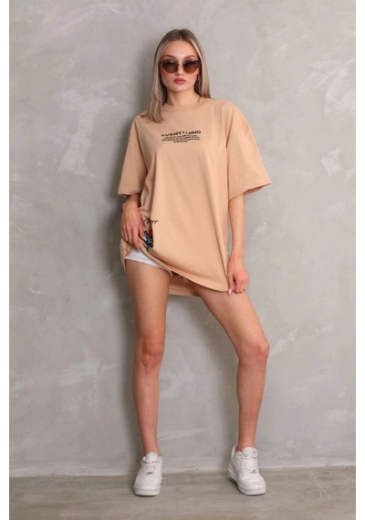 Freedom Storee Kadın Bisiklet Yaka Baskılı Oversize Kısa Kol T-shirt - Bej Çok Renkli