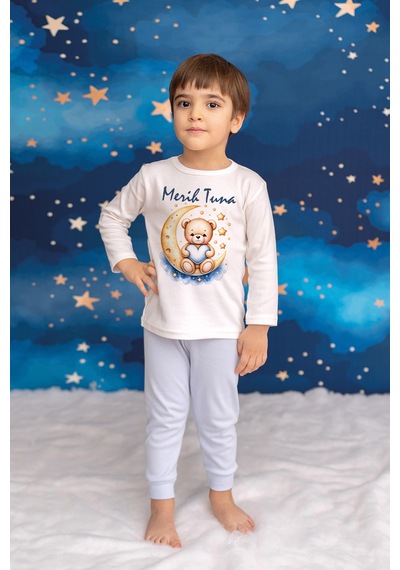 Pia Baby İsme Özel Erkek Çocuk 2 Adet Pijama Takımı %100 Pamuk Penye İsim Baskılı Kişiye Özel Kreş Pijaması Hediye Seti 10853m15pi Krem
