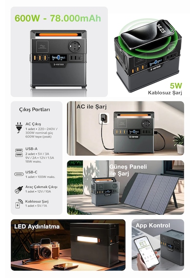 600w Taşınabilir Güç Istasyonu 78000 Mah Kablosuz Şarjlı Solar Destekli App Kontrollü 288wh Kapasite